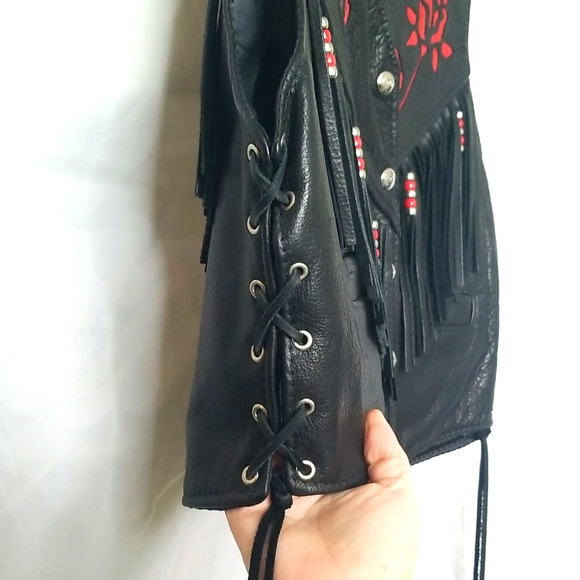 TRD Vintage Leather Vest With Roses and Beaded Fringe, Women Size Large. - Picture 8 of 16